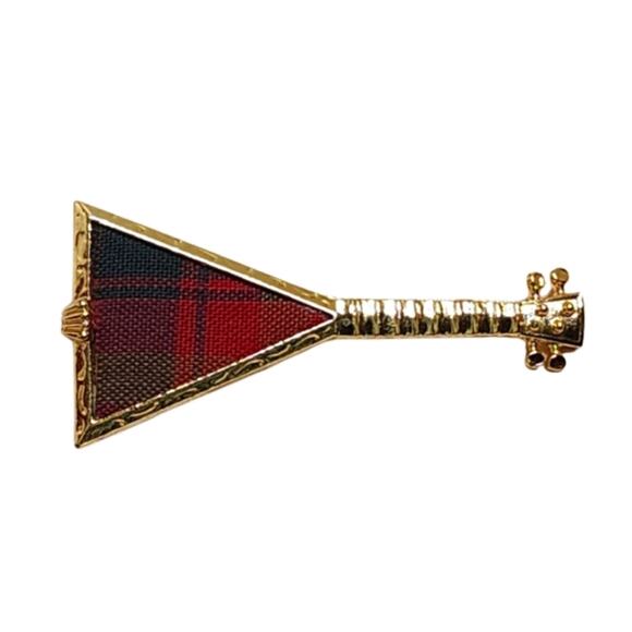 Vintage Jewelry - Vintage 80s Chic Gold Guitar Brooch with Red Plaid